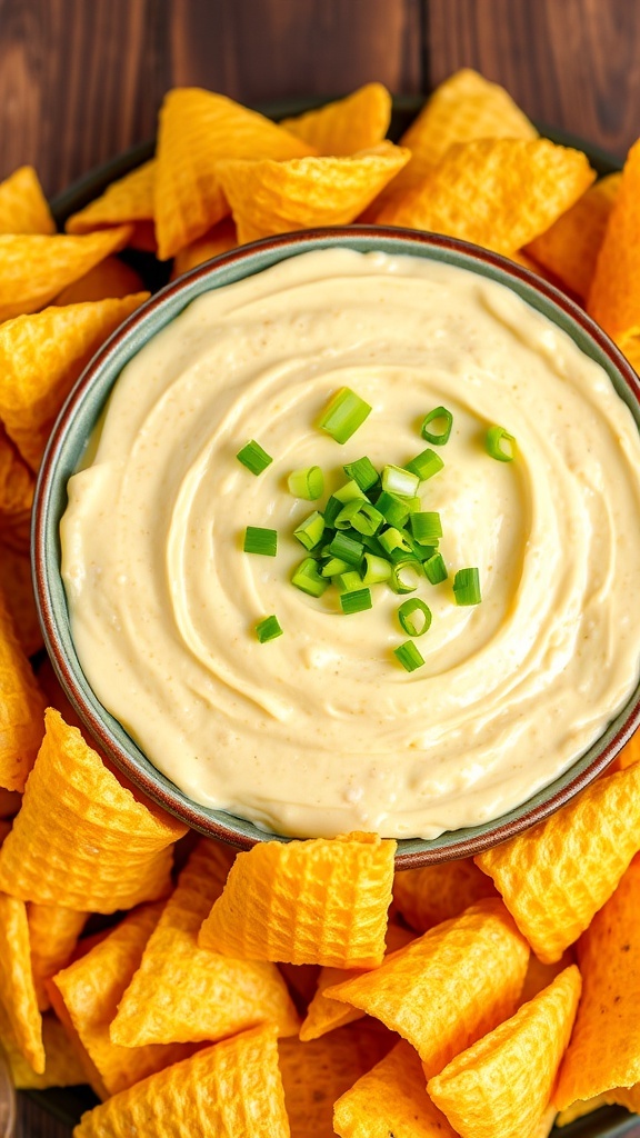 A bowl of creamy corn dip with Fritos on a rustic table, garnished with green onions.
